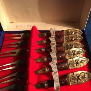 Antique bronze and hardwood Thailand appetizer forks. Set of six